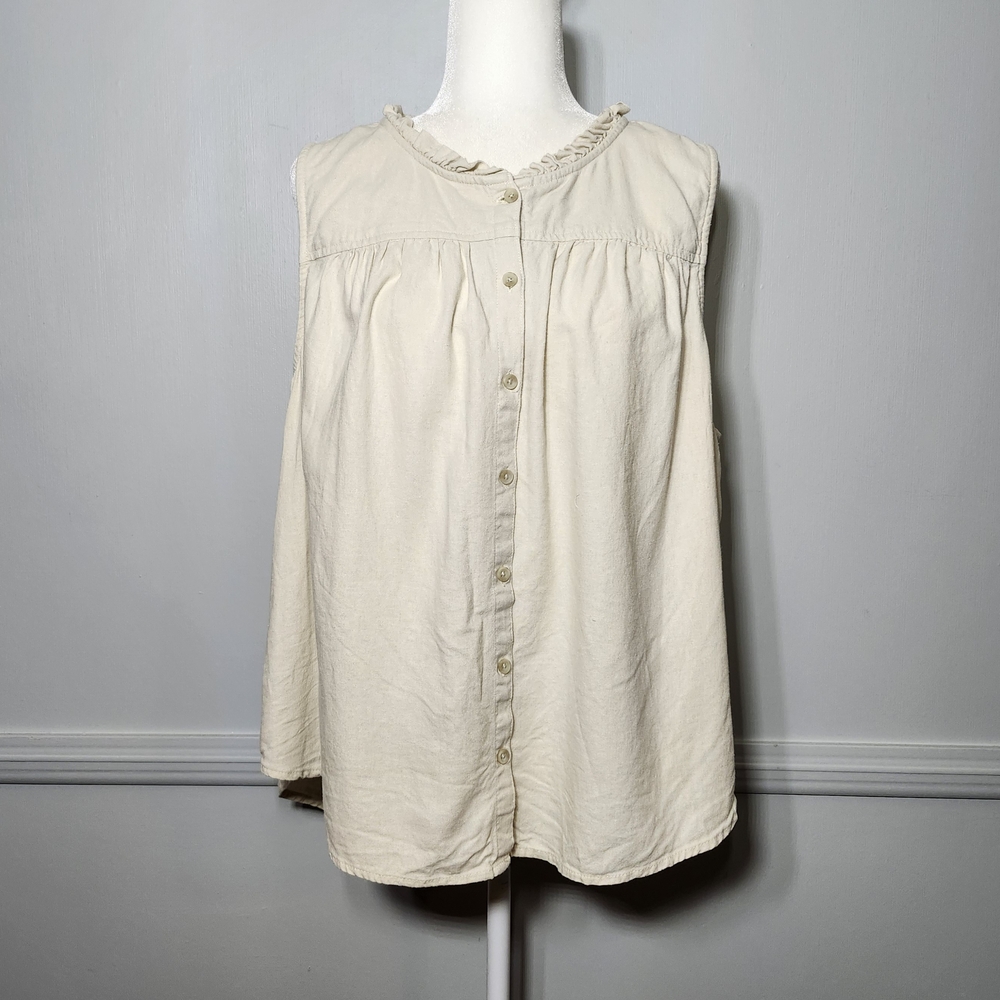 Sonoma Linen Ruffled Crew Neck Women's Beige Sleeveless Airy And Lightweight Top